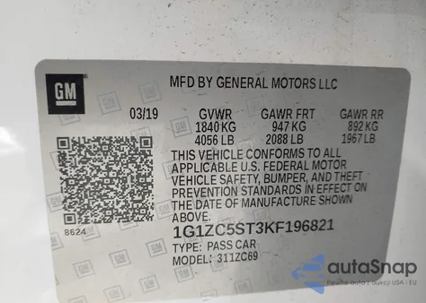 2019 Chevrolet Malibu 1Fl из США, поврежденный, VIN 1G1ZC5ST3KF196821